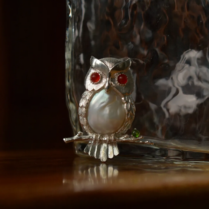 Handmade 925 Silver Owl Brooch Pendant | Pearl, Carnelian & Diopside Jewelry |  Gift for Teacher or Mom