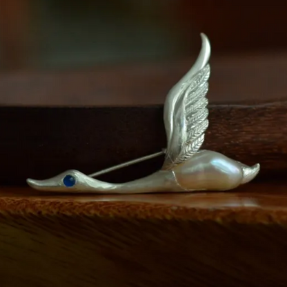 925 Silver Goose Brooch Pendant | Pearl & Sapphire Bird Jewelry | Handmade Animal Totem Gift for Her or Long-Distance Love