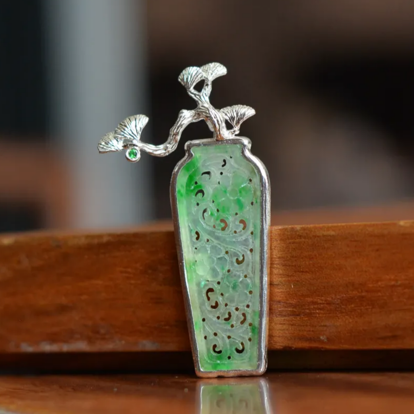 925 Silver Jade Pine Brooch Pendant | Peace & Longevity Amulet | Oriental Nature Jewelry | Gift for Parents or Elders