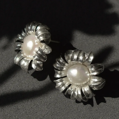 925 Silver Sunflower Pearl Earrings | Handmade Floral Jewelry | Romantic Gift for Women, Birthday or Anniversary