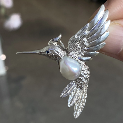 925 Silver Hummingbird Brooch Pendant | Natural Pearl & Sapphire Jewelry | Handmade Gift for Women | Spiritual Animal Totem Pin
