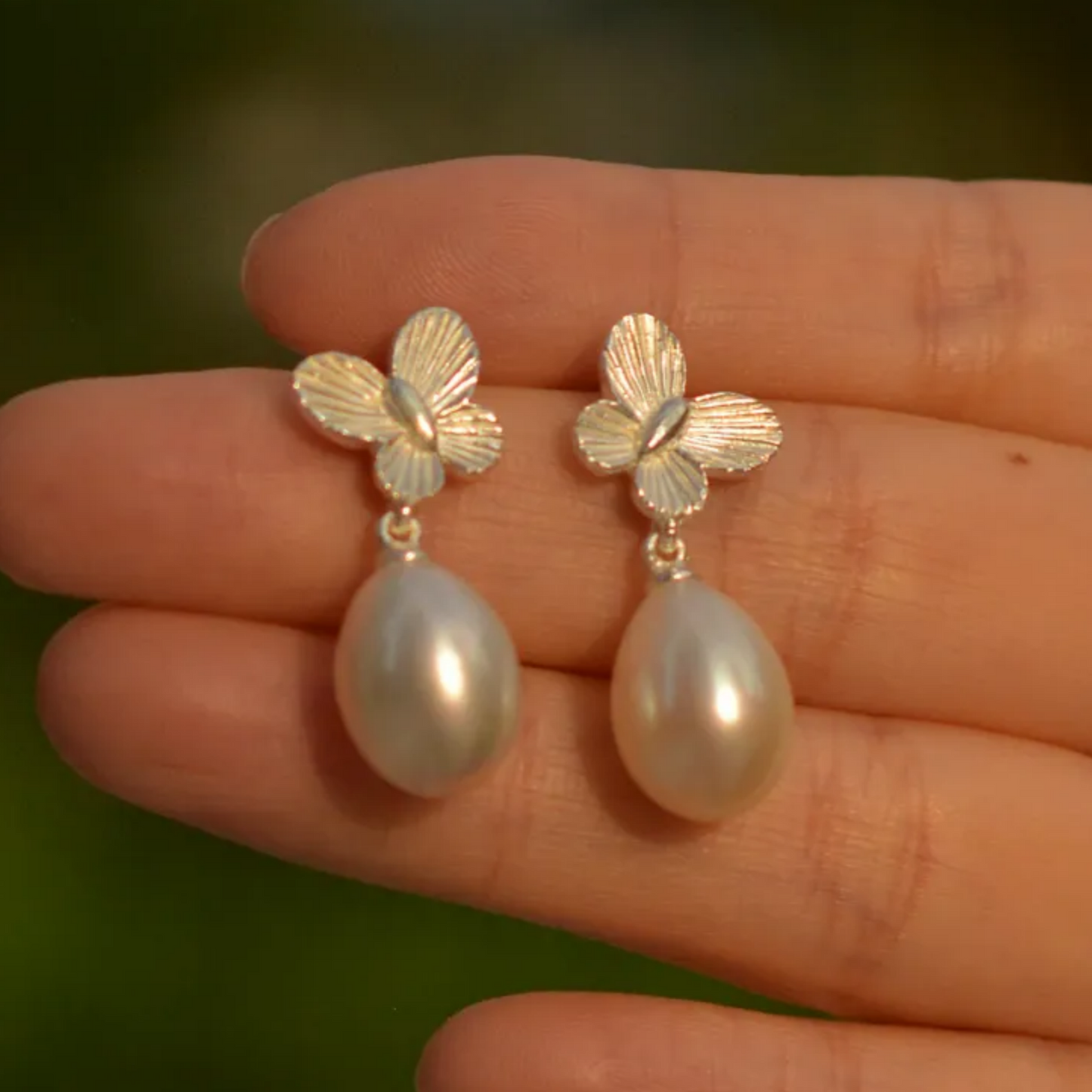 Butterfly Pearl Earrings | 925 Silver Handmade Studs | Elegant Gift for Her