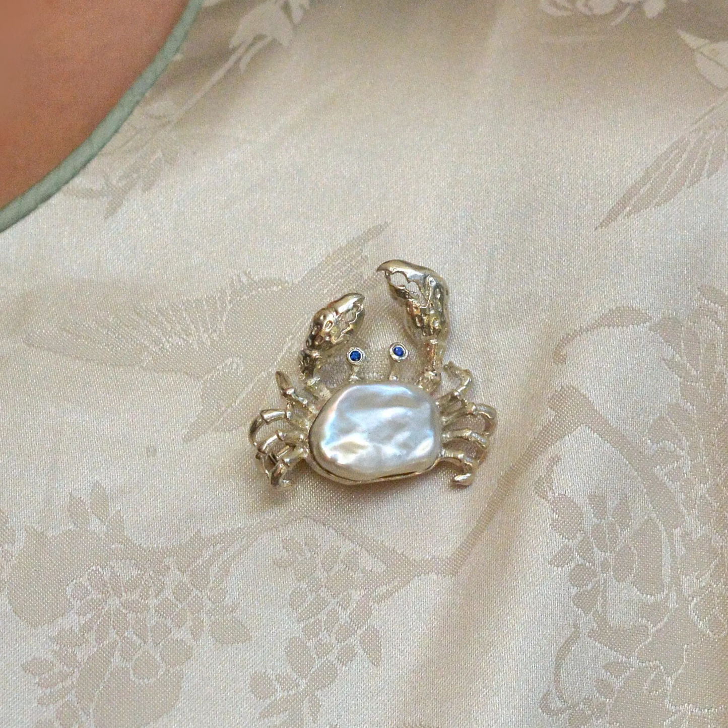 925 Silver Crab Brooch Pendant | Baroque Pearl & Sapphire Jewelry | Ocean Amulet Gift for Women