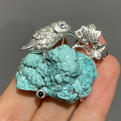 Turquoise Bird Brooch Pendant | 925 Silver Animal Jewelry | Handmade Healing Gift for Her