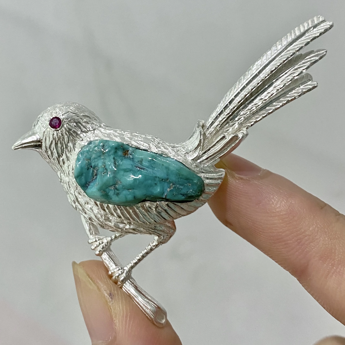 Magpie Brooch Pendant in 925 Silver & Natural Turquoise | Handmade Bird Totem Jewelry | Gift for Her or Nature Lovers
