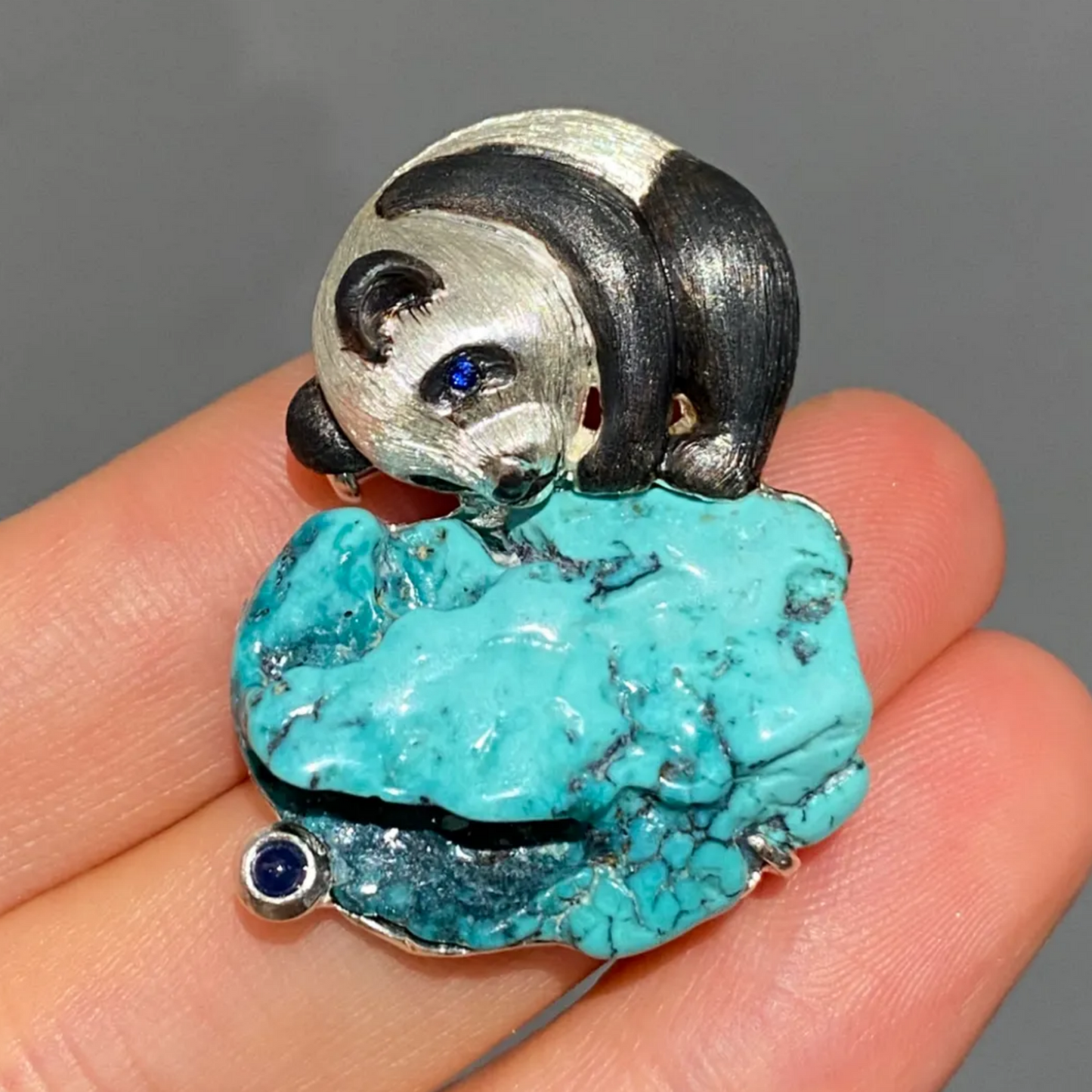 Panda Brooch Pendant in 925 Silver & Raw Turquoise | Handmade Animal Totem Jewelry | Healing Gift for Her or Nature Lovers