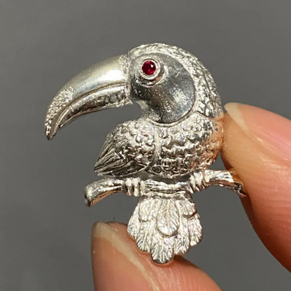 Toucan Brooch Pendant | 925 Silver & Ruby | Handmade Bird Totem Jewelry Gift for Animal Lovers