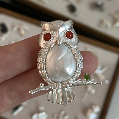 Handmade 925 Silver Owl Brooch Pendant | Pearl, Carnelian & Diopside Jewelry |  Gift for Teacher or Mom
