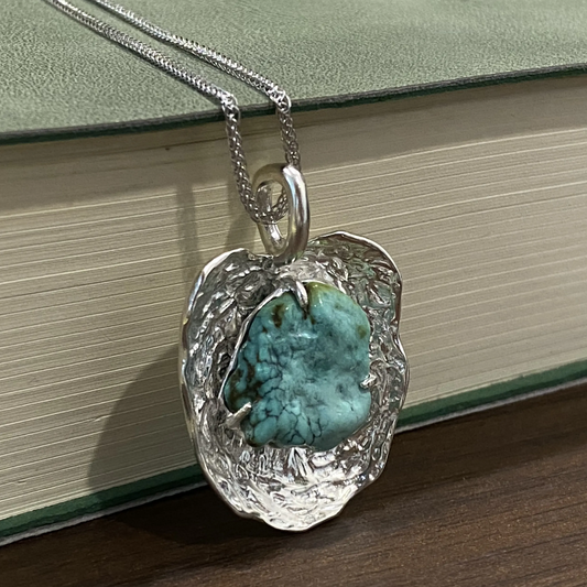 Raw Turquoise Pendant in 925 Silver | Handmade Ripple Design Necklace | Healing Talisman Gift for Her