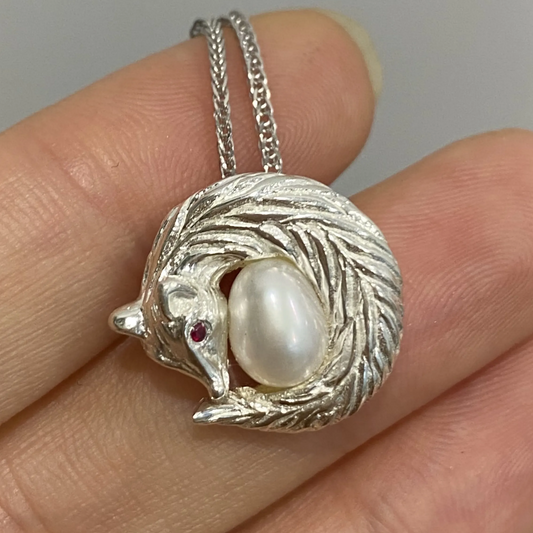 Sleeping Fox Necklace in 925 Silver with Pearl & Ruby | Handmade Animal Totem Pendant | Gift for Her or Self-Care Jewelry