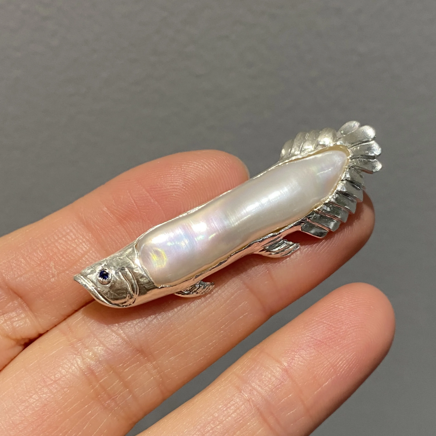 925 Silver Arowana Fish Brooch Pendant | Pearl & Sapphire Jewelry | Handmade Lucky Charm Gift for Success & Protection