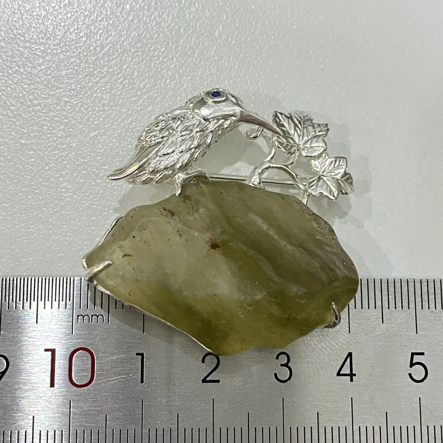 925 Silver Bird Brooch Pendant | Meteorite Glass & Sapphire Eye | Handmade Nature Amulet Jewelry