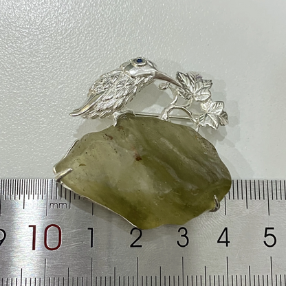 925 Silver Bird Brooch Pendant | Meteorite Glass & Sapphire Eye | Handmade Nature Amulet Jewelry