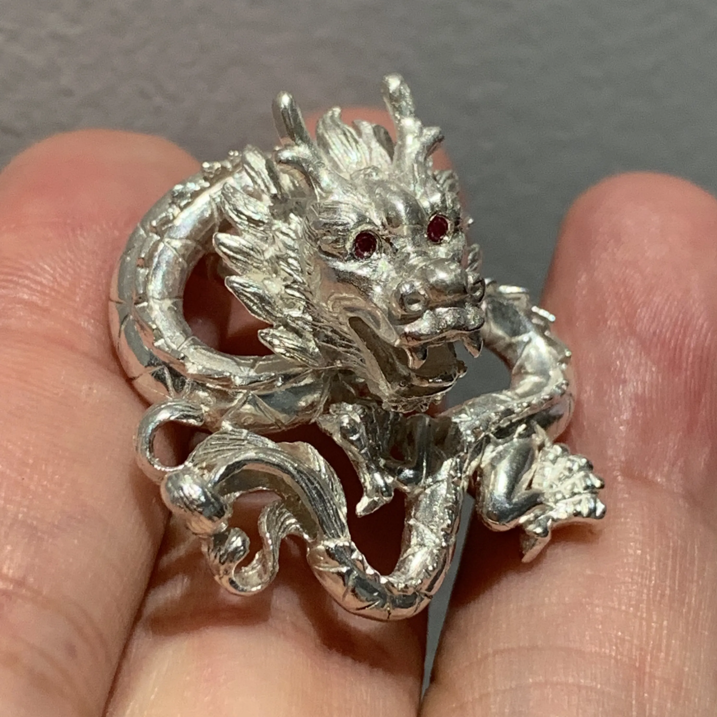 Dragon Brooch Pendant | 925 Silver & Ruby Eyes | Handmade Mythic Totem Jewelry Gift for Men
