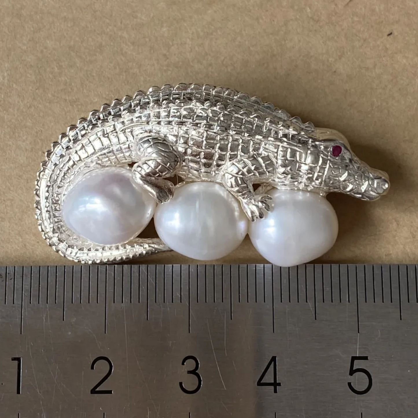925 Silver Crocodile Brooch Pendant | Freshwater Pearl & Ruby Eyes | Gift of Strength & Protection