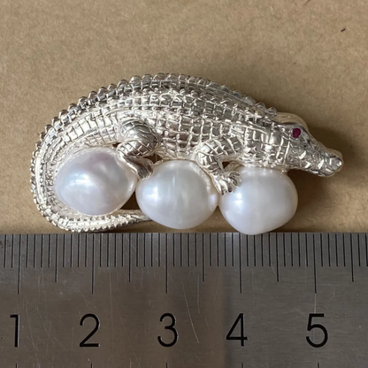 925 Silver Crocodile Brooch Pendant | Freshwater Pearl & Ruby Eyes | Gift of Strength & Protection