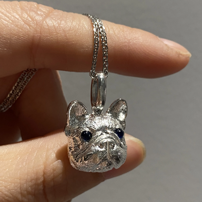 French Bulldog Pendant | 925 Silver Necklace with Sapphire Eyes | Dog Lover Gift & Pet Memorial Jewelry