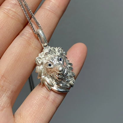 Lion King Pendant Necklace | 925 Silver & Sapphire | Handmade Courage Amulet Gift for Him
