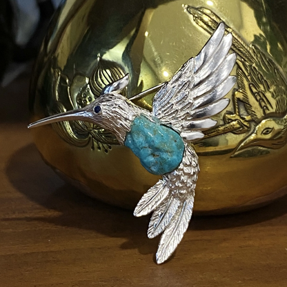 Hummingbird Brooch Pendant in 925 Silver with Natural Turquoise | Handmade Spirit Animal Jewelry | Gift for Her or Nature Lover