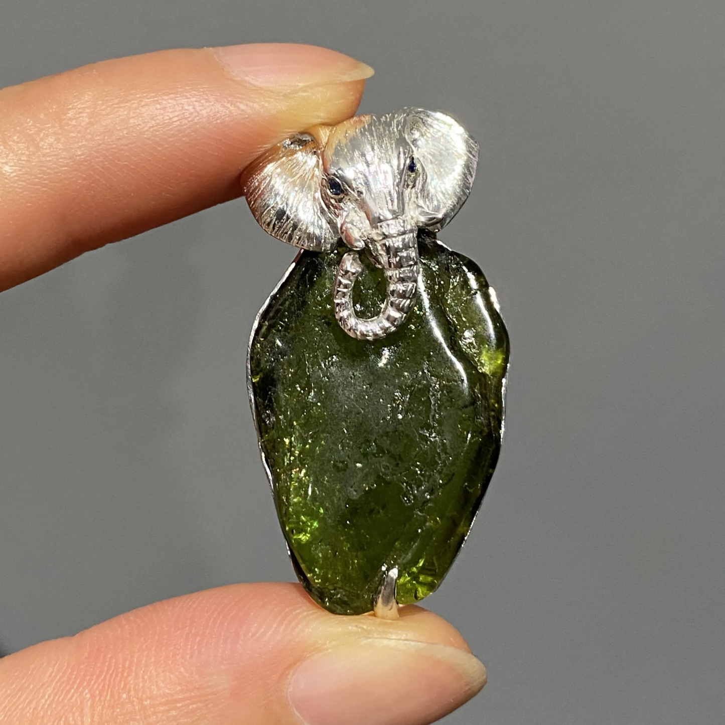 Elephant Totem Brooch Pendant | Natural Green Tourmaline & 925 Silver | Spiritual Animal Amulet Gift for Him & Her