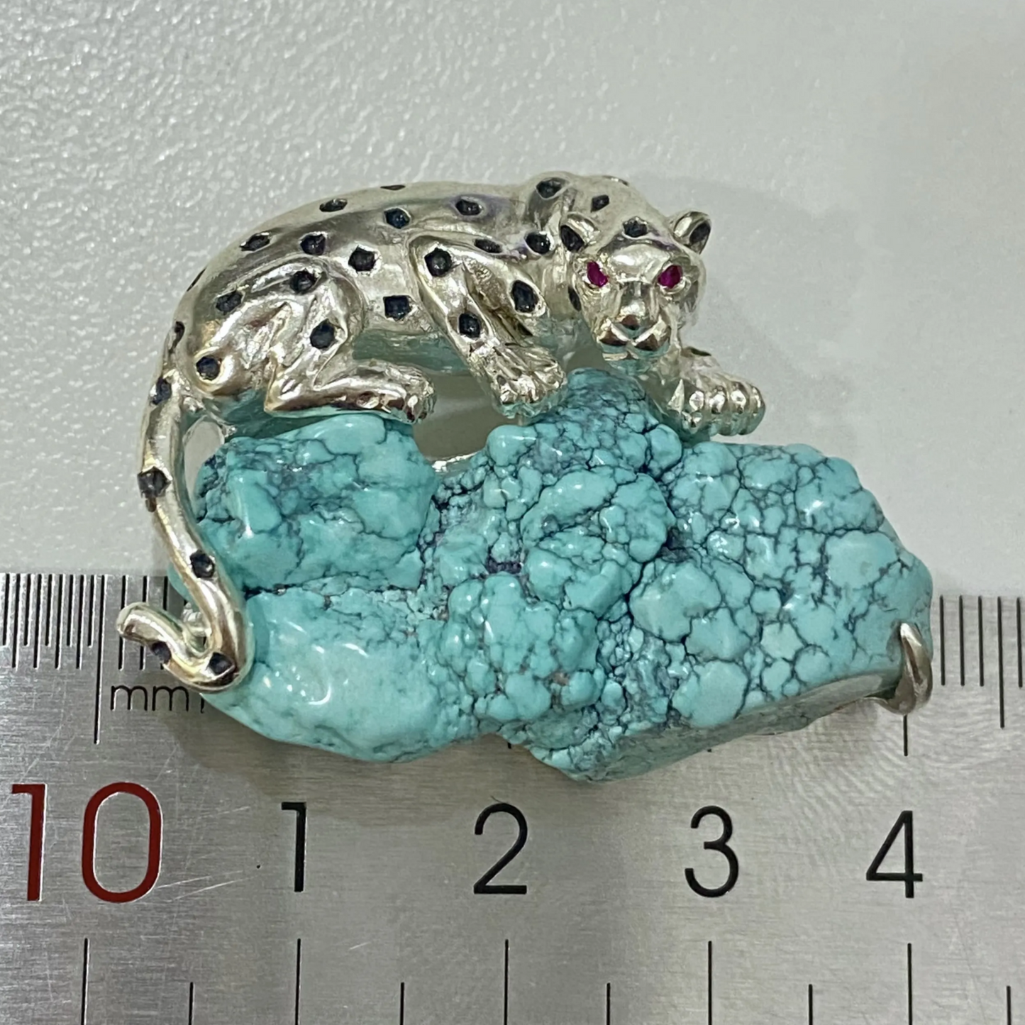 925 Silver Leopard Brooch Pendant | Turquoise & Ruby Animal Jewelry | Handmade Totem Gift for Strength & Courage