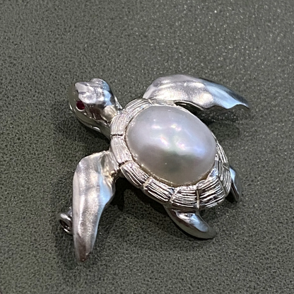 925 Silver Turtle Brooch Pendant | Pearl & Ruby Handmade Jewelry | Ocean Totem Gift for Creators & Dreamers
