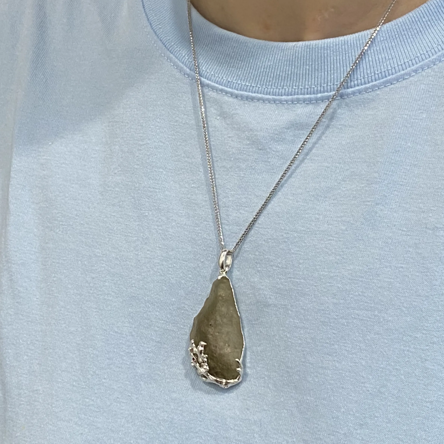 Joy on the Plum Branch Pendant in 925 Silver with Libyan Desert Glass | Handmade Magpie & Blossom Totem Jewelry | Lucky Gift for Her
