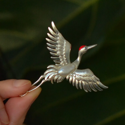 925 Silver Crane Brooch Pendant | Baroque Pearl Bird Jewelry | Oriental Handmade Gift for Mom or Elder | Blessing Totem Pin