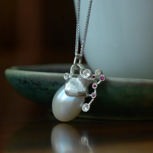 Aquarius Zodiac Pendant | 925 Silver Pearl & Ruby Necklace | Astrology Jewelry Gift for Her or Him