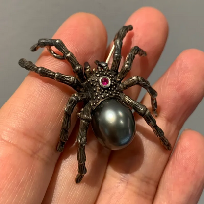 925 Silver Spider Brooch Pendant | Black Pearl Gothic Jewelry | Handmade Myth-Inspired Gift for Artists & Dark Aesthetics Lovers
