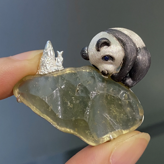 Panda Brooch Pendant in 925 Silver & Natural Glass | Handmade Animal Totem Jewelry | Nature Lover Gift for Her