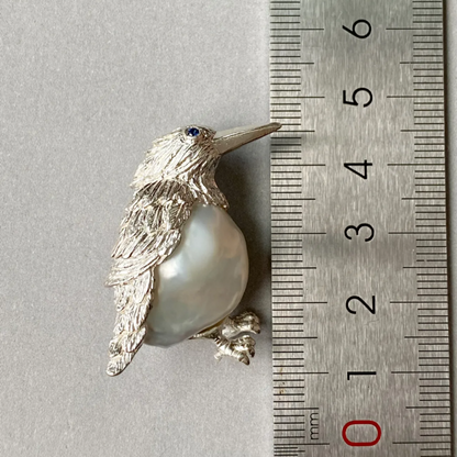 Bird Brooch Pendant | 925 Silver, Pearl & Sapphire | Handmade Nature Jewelry Gift for Her