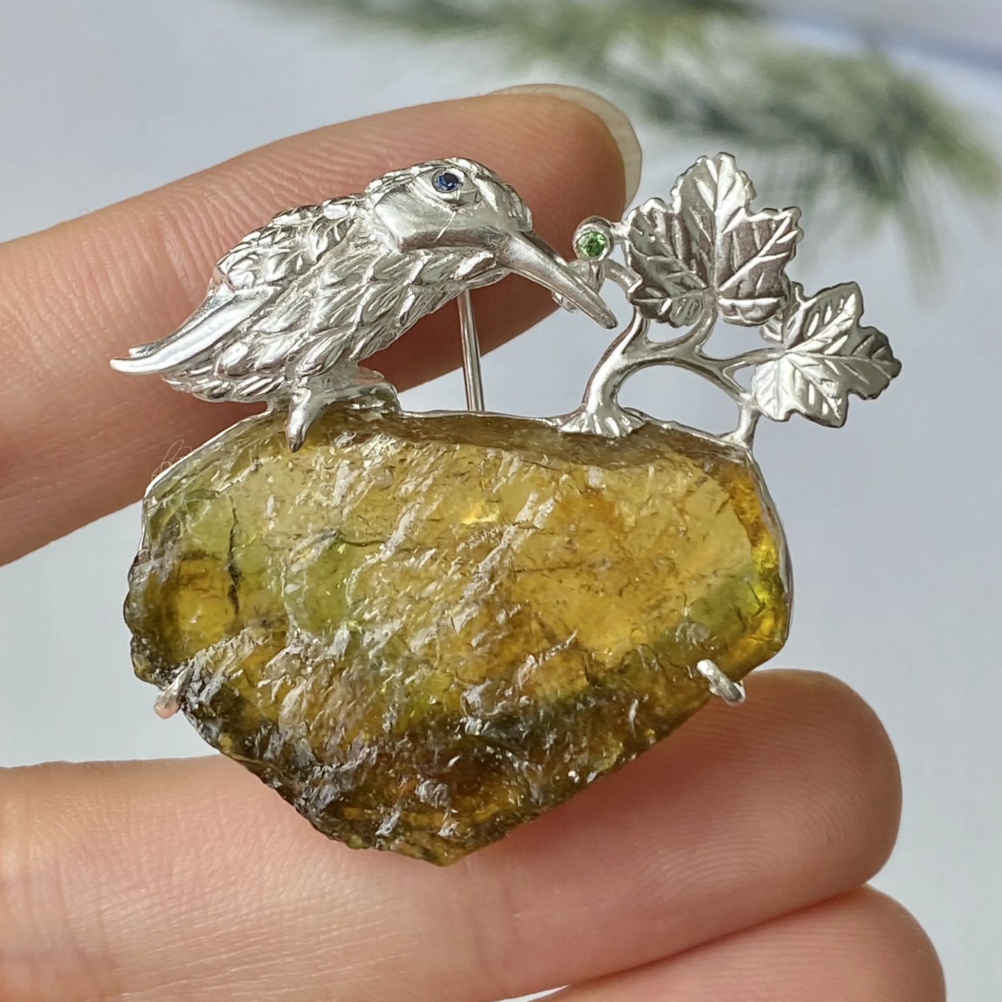 Bird Brooch Pendant in 925 Silver with Raw Tourmaline | Handmade Nature Spirit Jewelry | Symbol of Hope & Meaningful Gift for Her