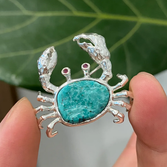 Crab Brooch Pendant in 925 Silver & Natural Turquoise | Handmade Zodiac Cancer Totem Jewelry | Gift for Her