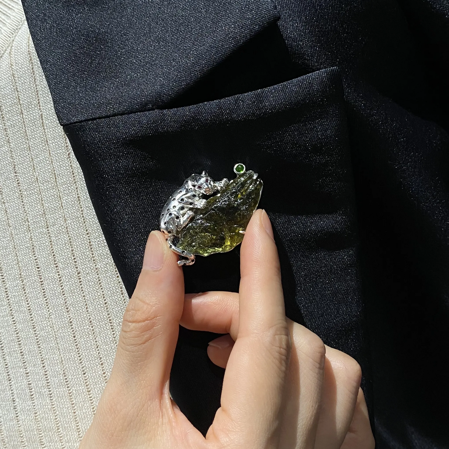 Leopard Brooch Pendant | 925 Silver & Raw Tourmaline | Handmade Animal Totem Gift for Strength & Healing