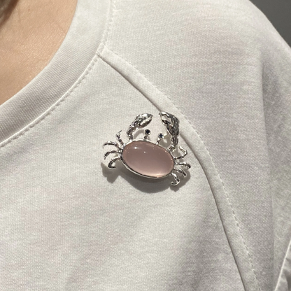 Crab Brooch Pendant in 925 Silver with Rose Quartz | Handmade Zodiac Cancer Totem Jewelry | Emotional Healing