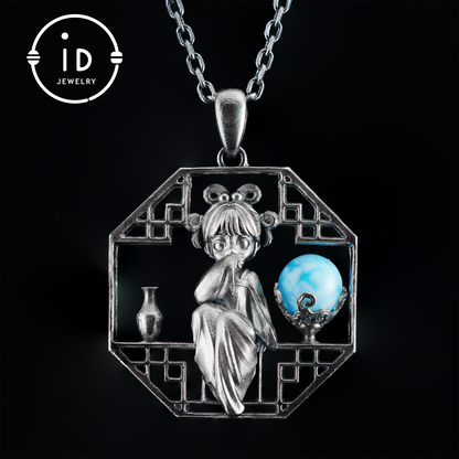 Handcrafted Octagonal Cut-out Pendant | Natural Larimar Orb Accent | Retro-Inspired Geometric Statement Gift for Creative Souls