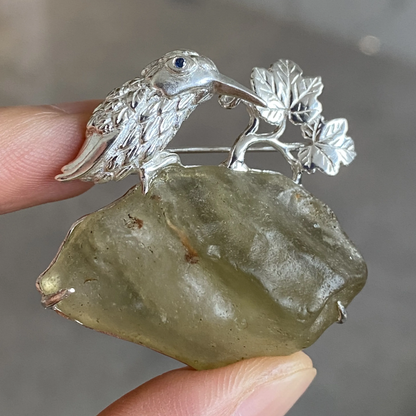 925 Silver Bird Brooch Pendant | Meteorite Glass & Sapphire Eye | Handmade Nature Amulet Jewelry