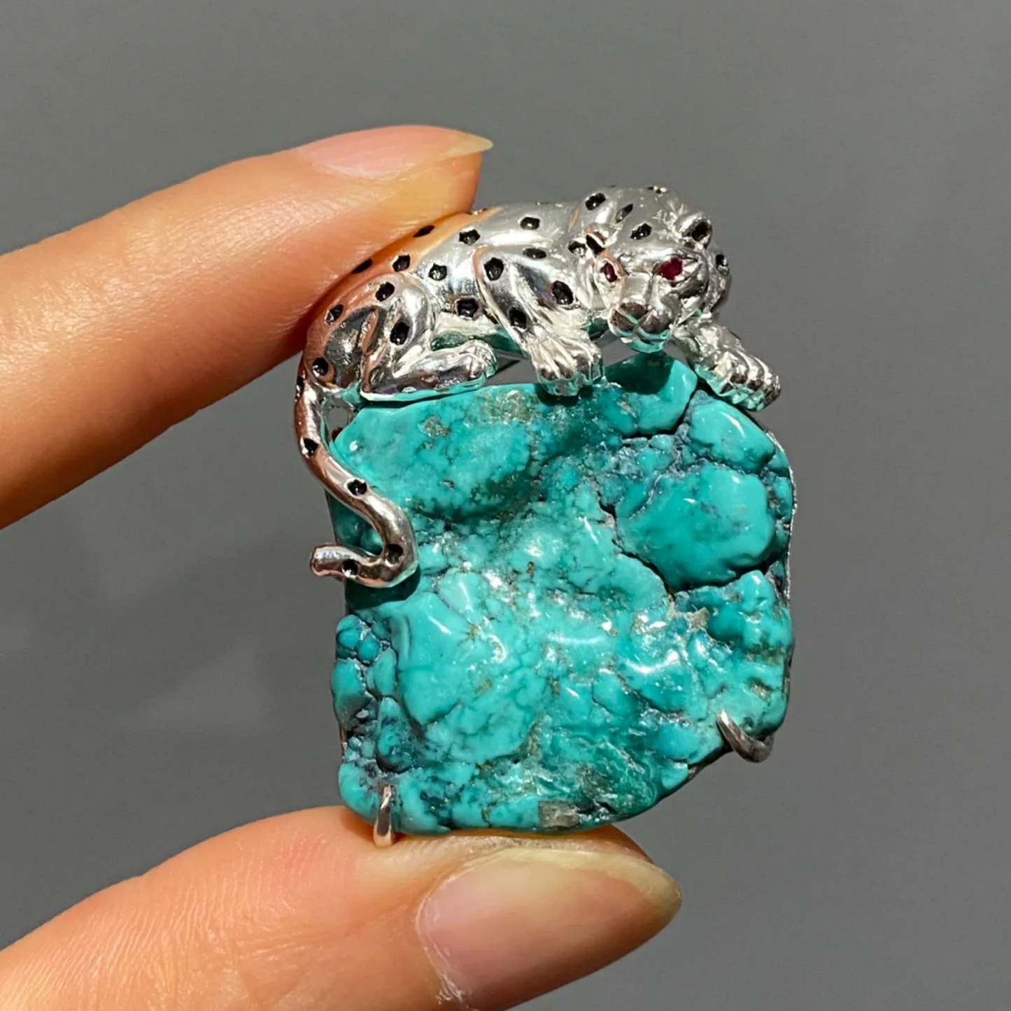 925 Silver Leopard Brooch Pendant | Turquoise & Ruby Animal Jewelry | Handmade Totem Gift for Strength & Courage
