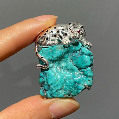 925 Silver Leopard Brooch Pendant | Turquoise & Ruby Animal Jewelry | Handmade Totem Gift for Strength & Courage