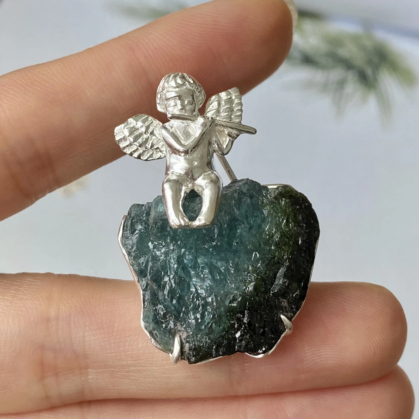 Angel Brooch Pendant | 925 Silver & Raw Tourmaline | Handmade Spiritual Jewelry Gift for Love & Protection