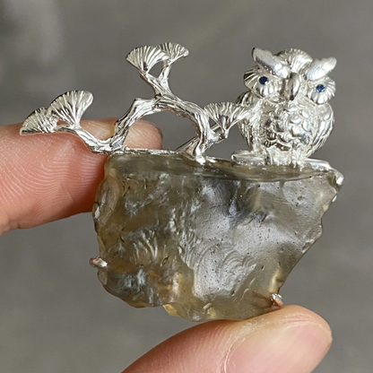 Owl Brooch Pendant | 925 Silver & Tektite Glass | Handmade Wisdom Totem Jewelry Gift for Protection & Reflection