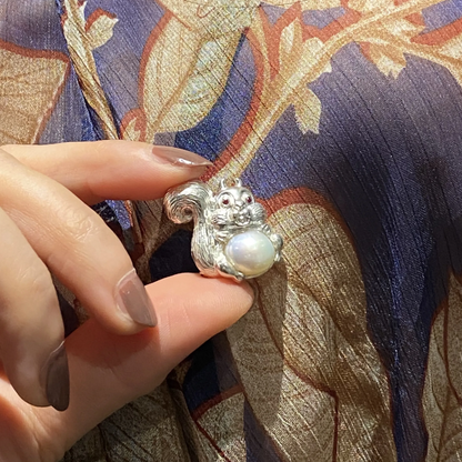 925 Silver Squirrel Pendant | Pearl & Ruby Animal Necklace | Handmade Silver Jewelry | Gift for Dreamers & Quiet Souls