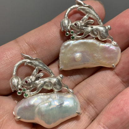 Rabbit Brooch Pendant 2-in-1 | 925 Silver & Freshwater Pearl | Handmade Fairy Tale Gift for Her