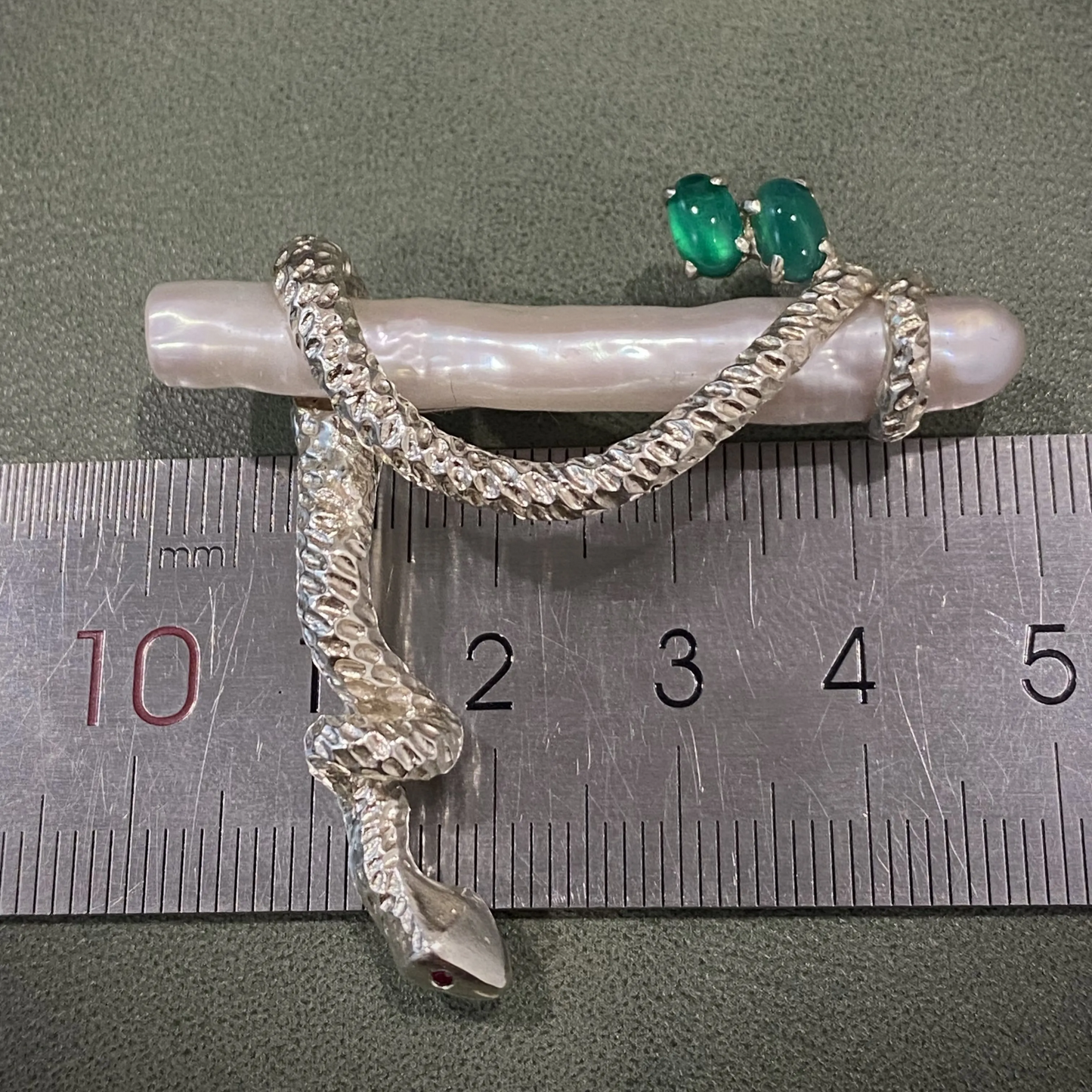 925 Silver Serpent Brooch Pendant | Ruby Eyes & Green Gem | Baroque Pearl Totem Jewelry | Healing Gift for Healers & Thinkers
