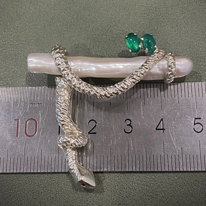 925 Silver Serpent Brooch Pendant | Ruby Eyes & Green Gem | Baroque Pearl Totem Jewelry | Healing Gift for Healers & Thinkers