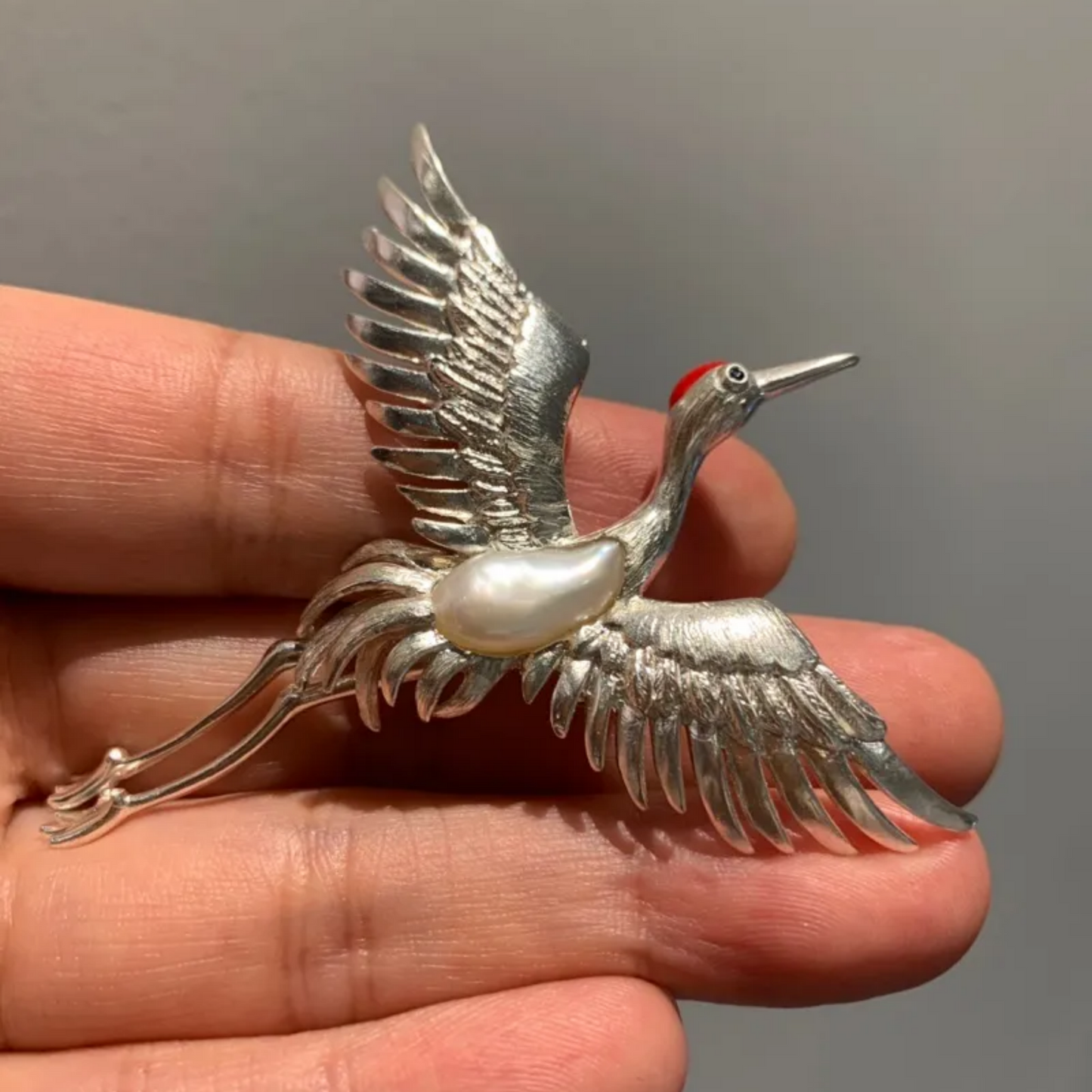 925 Silver Crane Brooch Pendant | Baroque Pearl Bird Jewelry | Oriental Handmade Gift for Mom or Elder | Blessing Totem Pin