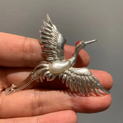 925 Silver Crane Brooch Pendant | Baroque Pearl Bird Jewelry | Oriental Handmade Gift for Mom or Elder | Blessing Totem Pin