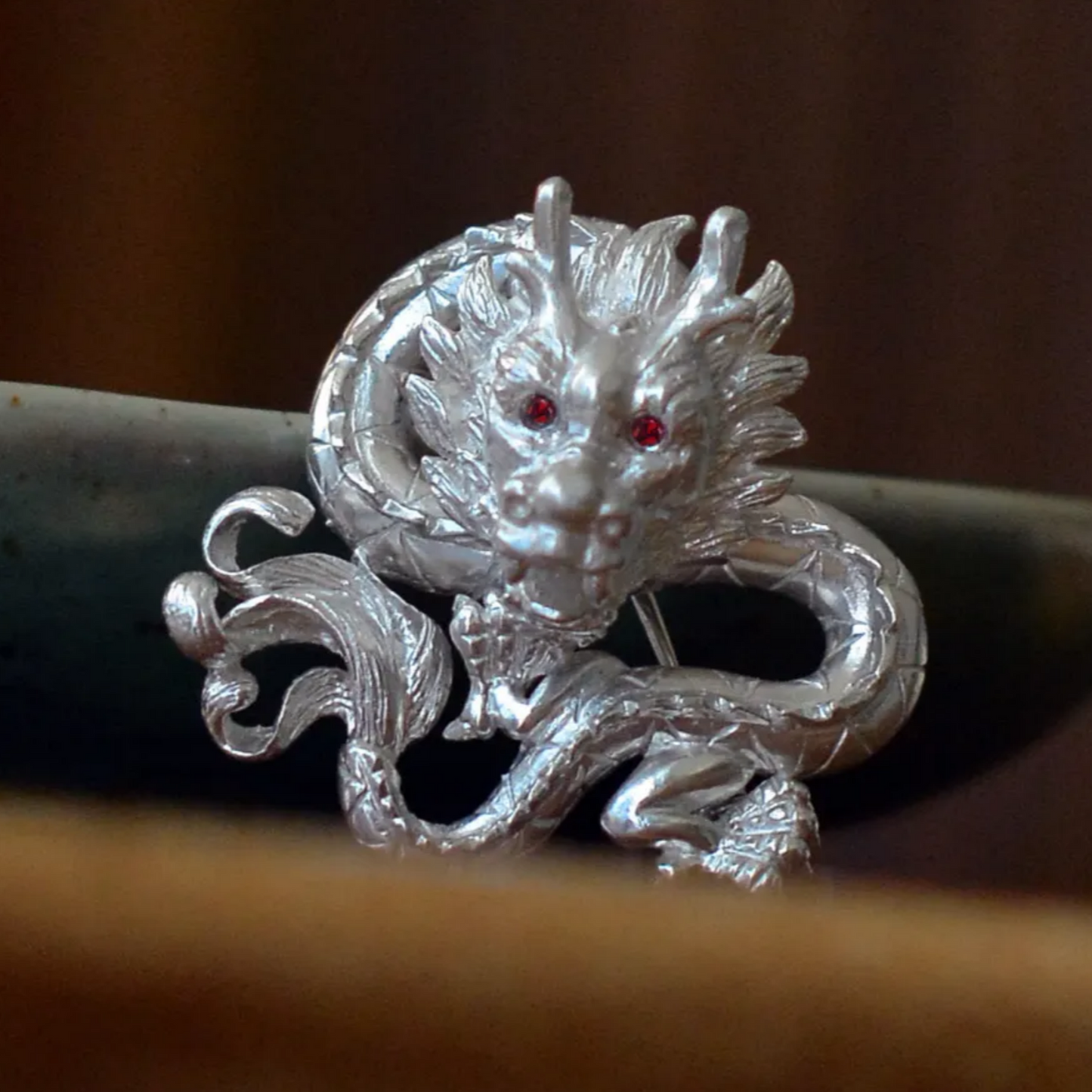 Dragon Brooch Pendant | 925 Silver & Ruby Eyes | Handmade Mythic Totem Jewelry Gift for Men