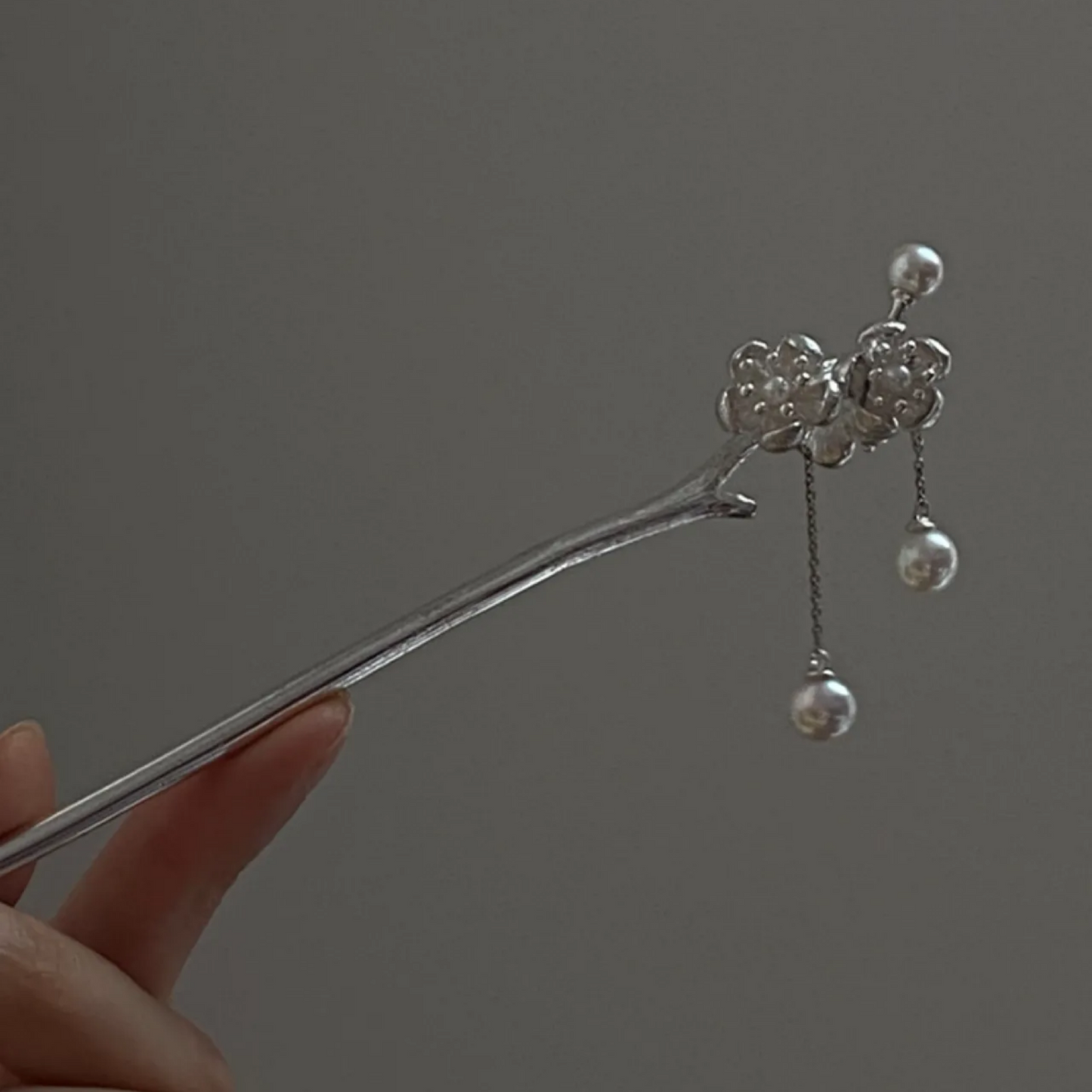 Silver Hair Stick with Pearls | Handmade Floral Hairpin | Elegant Bridal & Hanfu Gift for Her